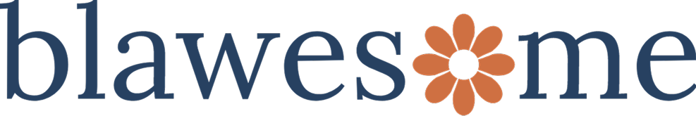 The word blawesome in blue text with a flower shape as the letter o..