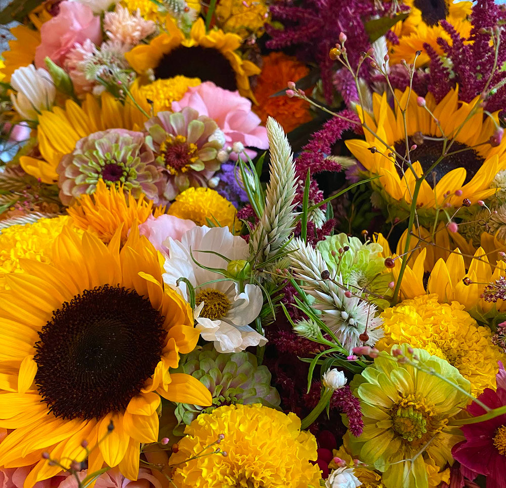 A vibrant bouquet of mixed flowers, including yellow sunflowers, white and pink blossoms, green and yellow zinnias, and sprigs of wheat, creating a colorful and lively arrangement.