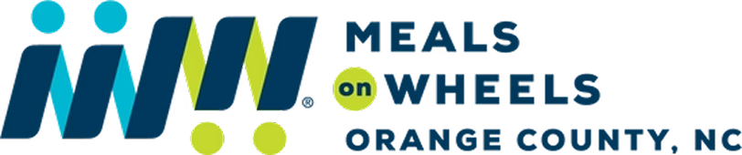 Logo for Meals on Wheels Orange County, NC, featuring stylized blue and green shapes forming a rolling cart, with the text MEALS on WHEELS ORANGE COUNTY, NC to the right.