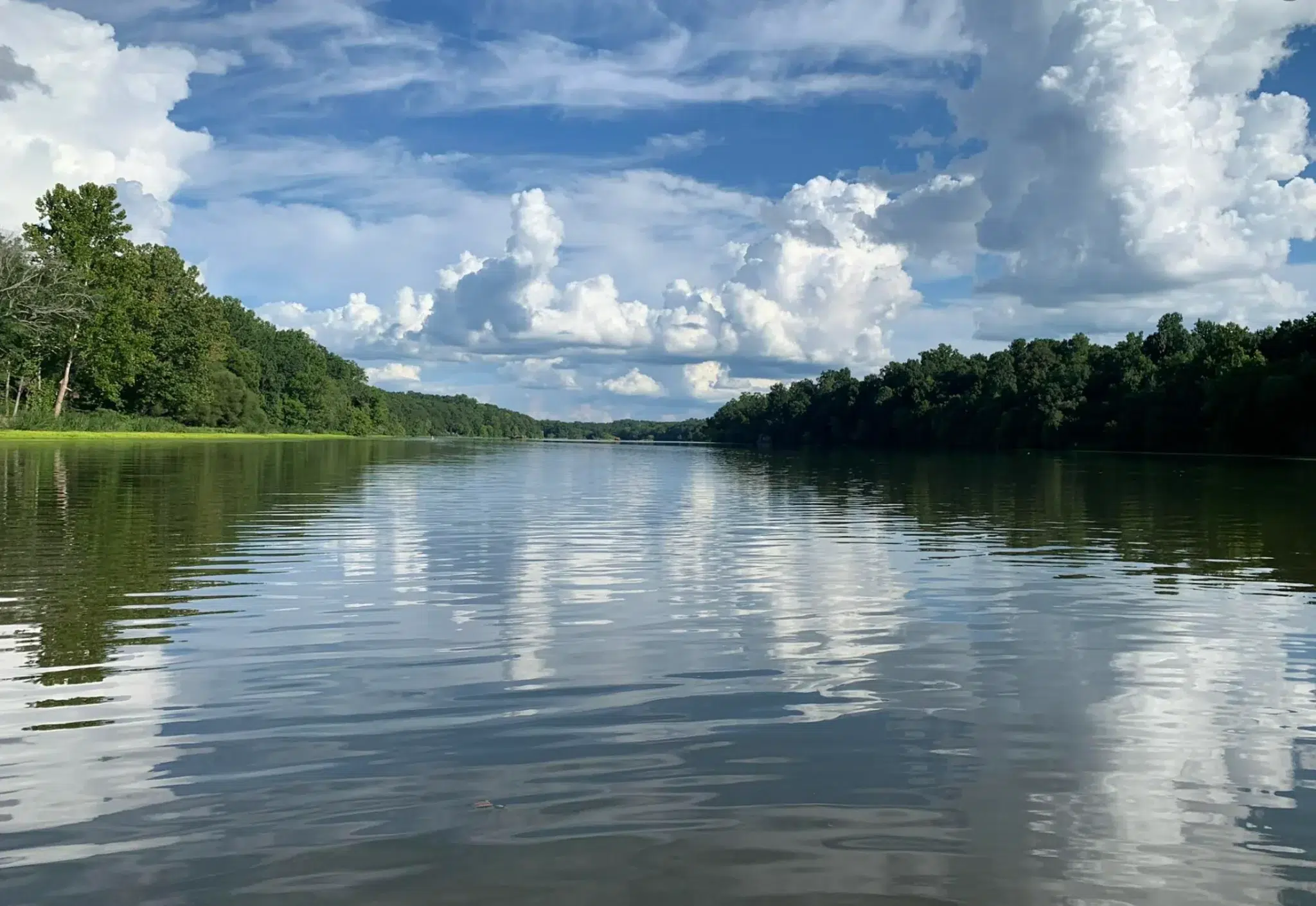 A calm river stretches between tree-lined banks under a blue sky filled with large, fluffy clouds, all reflected on the water’s surface.
