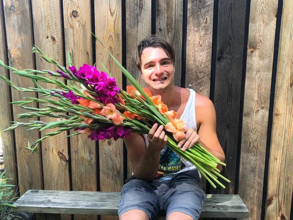 A person sitting on a wooden bench holds a large bouquet of vibrant gladiolus flowers in shades of purple and orange, smiling in front of a rustic wooden fence.