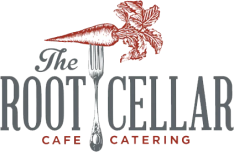 Logo for The Root Cellar Cafe Catering featuring a fork with a carrot on top, replacing the letter I in Cellar. The words are in gray, with Cafe Catering in red below.