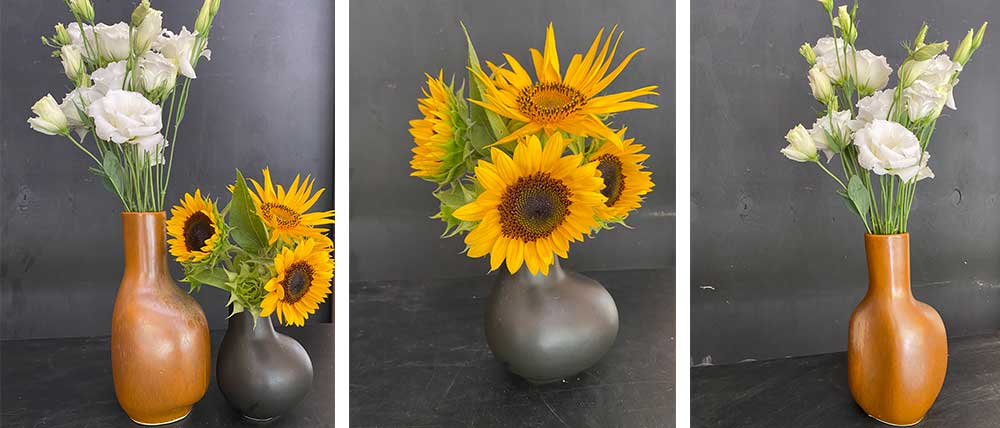 Two vases on a black surface: one brown with white lisianthus flowers, and one dark gray with yellow sunflowers. The vases are shown together in the first photo and separately in the next two.