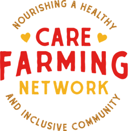 Circular logo with the words Nourishing a Healthy and Inclusive Community around Care Farming Network in red and yellow text, with two small yellow hearts beside the word Care.