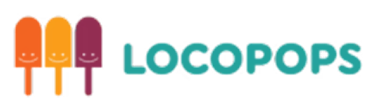 Logo for Locopops featuring three popsicles in orange, yellow, and magenta with smiling faces on the left, next to the word LOCOPOPS in bold teal letters.