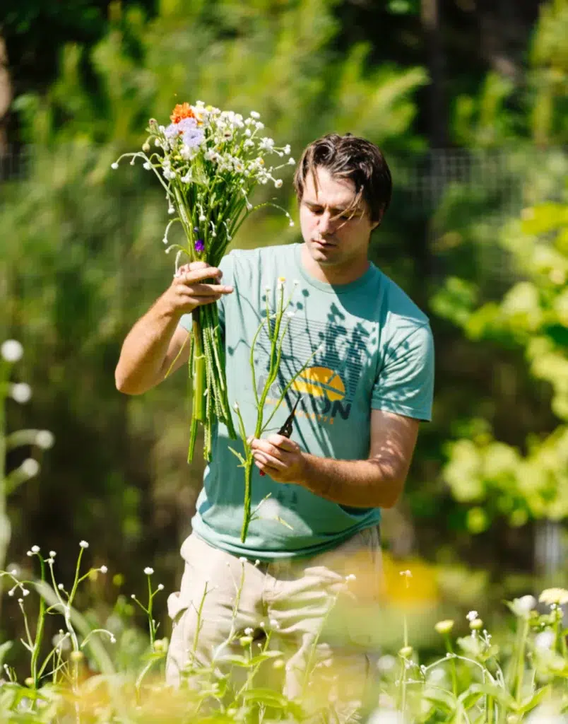 A man in a green t-shirt stands in a field, holding a bouquet of wildflowers in one hand and picking fresh flowers with the other on a sunny day. Green foliage and blurred plants surround him.