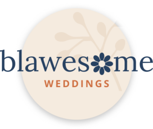 Logo with the word blawesome in navy blue, where the o is a flower design, above the word WEDDINGS in orange, set against a light circle with a subtle branch illustration in the background.