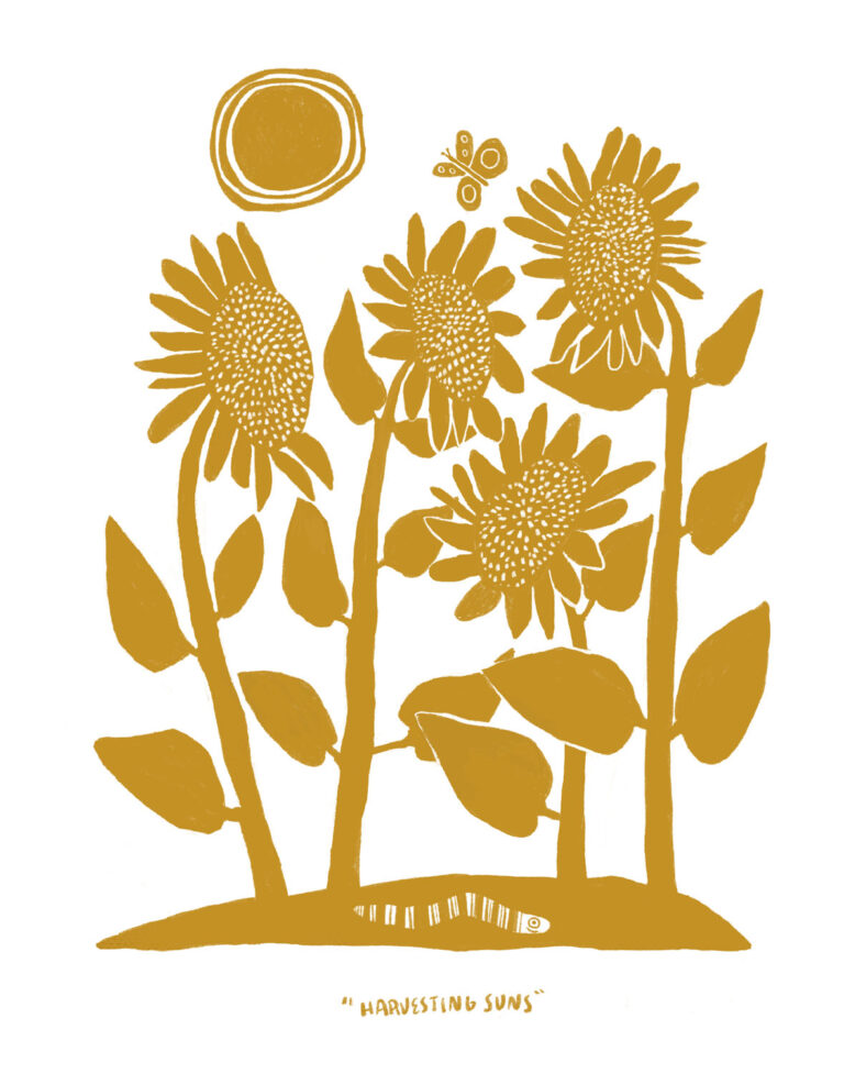 Harvesting Suns prints feature a stylized yellow illustration of four sunflowers with large leaves, a round sun, butterfly, and abstract shapes on a white background. "Harvesting Suns" text appears below the image.