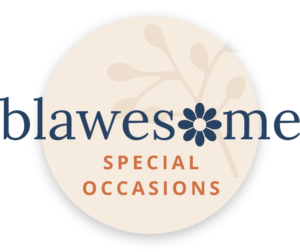 Logo for “Blawesome Special Occasions” with a flower replacing the o in Blawesome, and a light beige circle with a subtle plant design in the background.